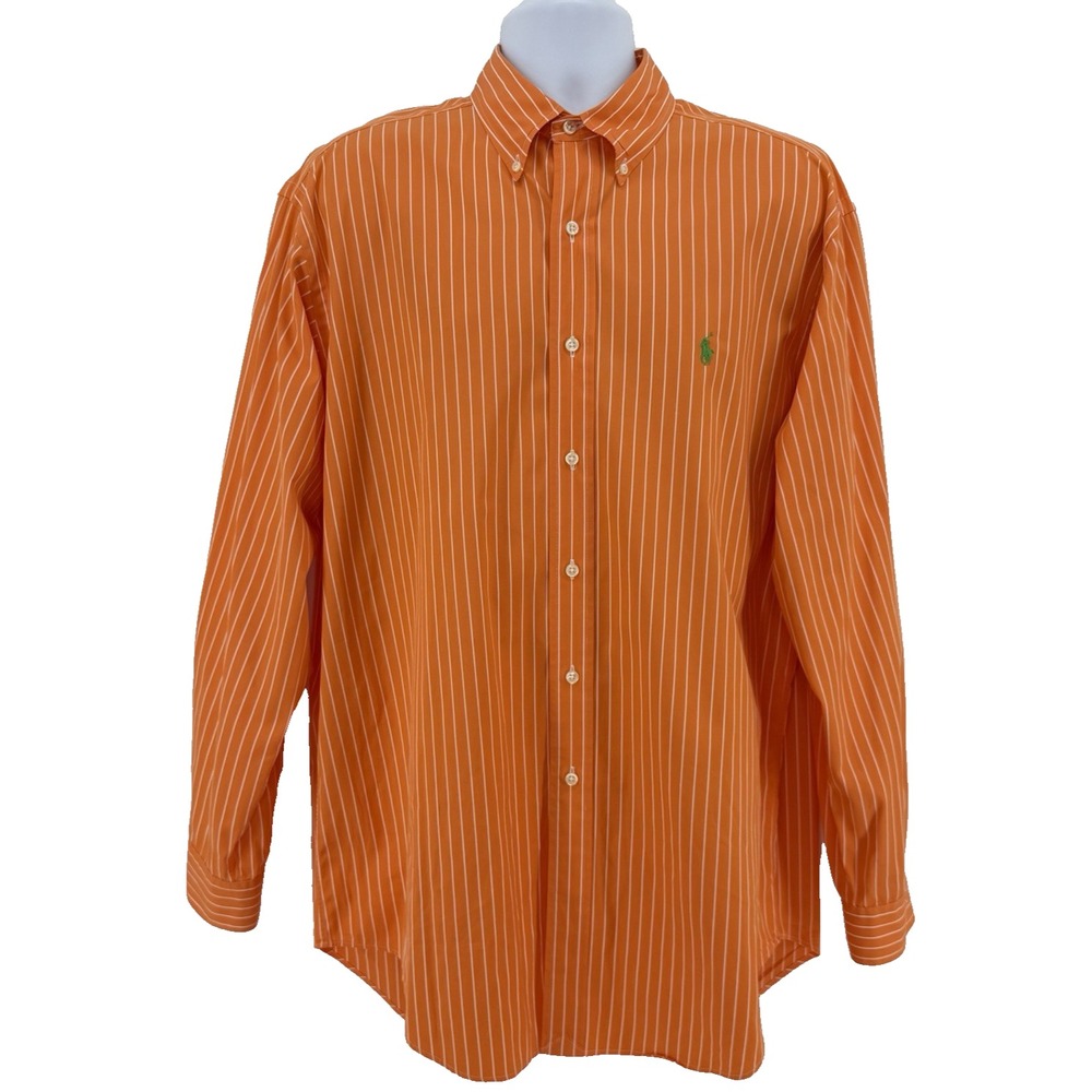 Polo Ralph Lauren Long Sleeve Shirt Men L Classic Fit Orange Stripe Hong Kong